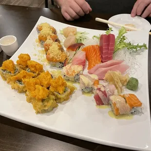 Million Dollar Roll, Honey Bee Roll,  Harvest Pumpkin Roll, Sashimi: scallop, surf clam, red snapper, salmon, tuna, yellowtail