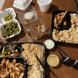 Hibachi Chicken Dinner, Spicy Garlic Edamame, Shrimp Tempura Roll