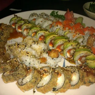 Super crunch roll, dragon roll, ichiban chicken roll, arizona and mexican roll