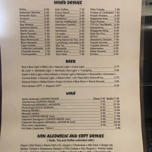 Bar drink menu