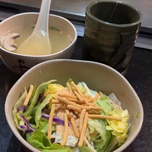 Miso soup and salad with asian ginger dressing