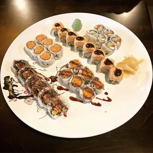 Wauwatosa roll, crunchy roll, Philadelphia roll, Rock&apos;n&quot;roll&quot;, sweet potato roll. Mmmmm!
