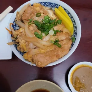 Oyakodon: chicken with veggies and median sauce (kinda sweet) with rice.