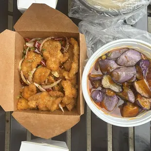 Spicy Crispy Fish and 79. Eggplant with Chili Garlic Saucegarlic