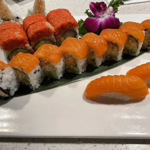 Salmon sushi and 2 special request rolls