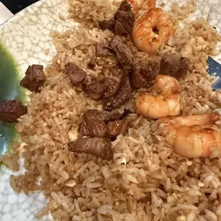 Steak, shrimp and double fried rice.
