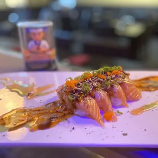 Salmon belly Osaka style Sushi  best signature dish . You guys must. Don't miss it dear friends