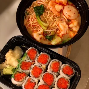 Shrimp Ramen Noodle (spicy miso) and 6 Pieces Crunchy Spicy Tuna Roll