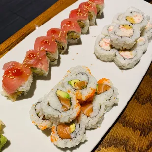 Surf Roll (left), Salmon Avocado Roll (bottom), Crunchy Roll (top)