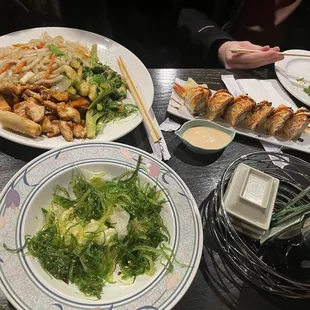 Seaweed salad, sushi