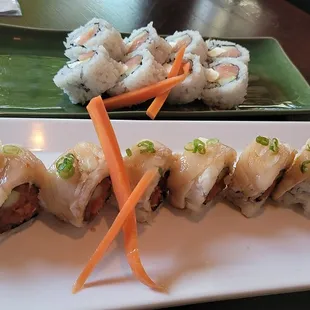 Top: Philadelphia Roll with Smoked Salmon. Bottom: Aki Roll with no Bonito flakes.