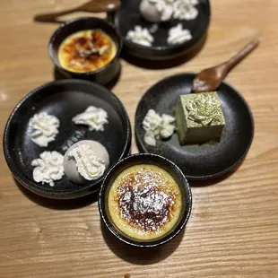 Crème Brûlée, Red Bean Mochi, Matcha Mousse Cake.