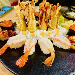 Second nigiri platter with fresh sweet shrimp, salmon roe, and unagi