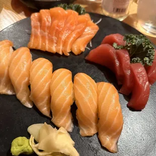 Salmon  nigiri, salmon and tuna sashimi