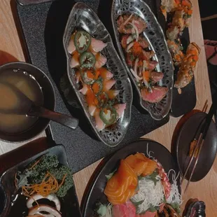 a variety of sushi dishes