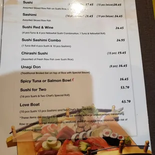 menu, sushi and sashimi
