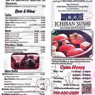 Menu June 2024 - desserts, drinks, new rolls, hours