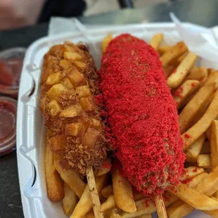 Two-Piece cheese sticks. One with potato and one with flamin Hot Cheetos