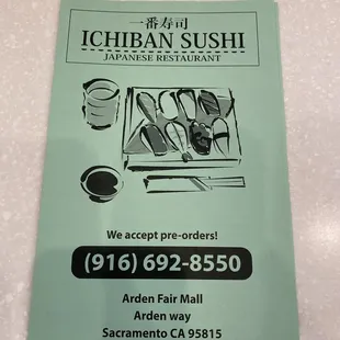 Front of Ichiban Sushi Menu.