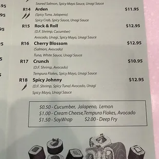Page 2 of 2 sushi roll menu. Plus add-ons
