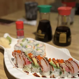 Monkey Roll - inside w crab, seaweed salad w red snapper on top