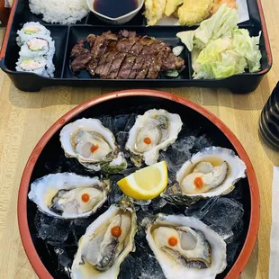 Fresh oysters and bento box for lunch.