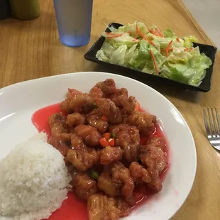 Sweet and sour chicken and a side salad.