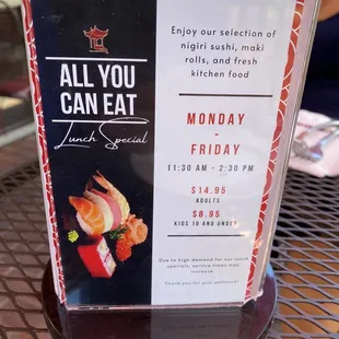 Menu for the All-you-can-eat lunch special