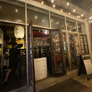 the entrance to a restaurant