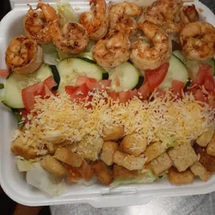 House salad with Shrimp. you can also get chicken or steak