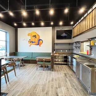 a kitchen and dining area