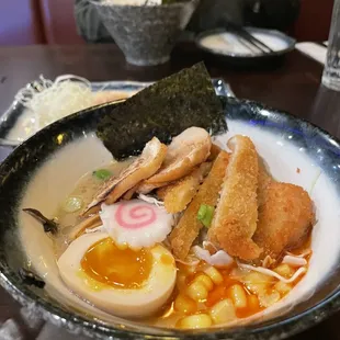 Crispy Chicken Ramen with addition egg and two char sui