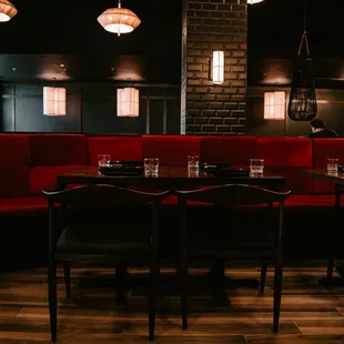 a table and chairs in a restaurant