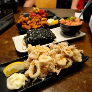 Calamari, spicy tuna, spicy tuna wrap, chicken karaage, ahi poke