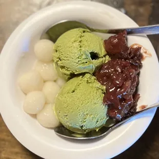 Ichiriki Ice Cream--two scoops matcha ice cream, azuki beans and mochi balls.