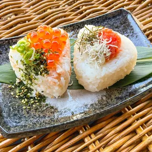 Salmon &amp; Ikura (Salmon roe), Mentaiko (Spicy cod roe) &amp; Jako (Small fish)