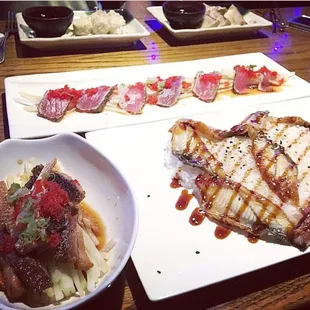 Salmon skin salad, eel rice plate, and tuna