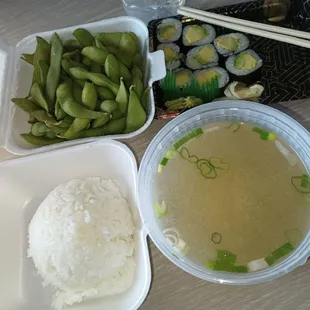 Edamame, miso soup, white rice &amp; avocado roll