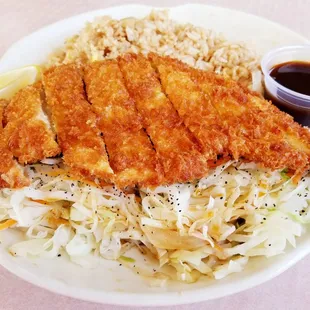 Chicken Tonkatsu with Fried Rice, Mixed Vegetables, Lemon Wedge &amp; Tonkatsu Sauce.