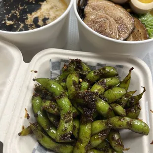 Black garlic oil ramen and spicy garlic edamame