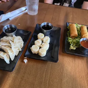 Steamed 6 Piece Gyoza steamed. Steamed shumai. Fried spring rolls