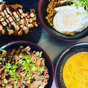 Gyudon, tonkatsu rice bowl with curry sauce, yakisoba and miso broth