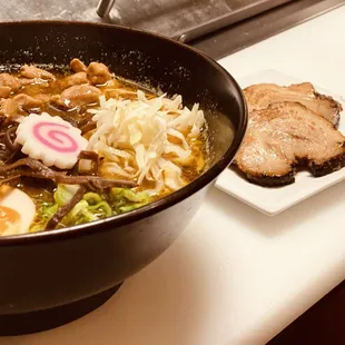 Chicken Curry Ramen with extra pork belly