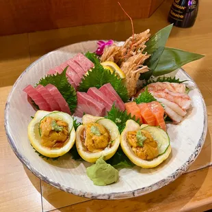 Bluefin chutoro, amaebi (sweet shrimp), tuna, salmon, yellowtail, uni w/ ponzu