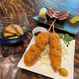 Kushikatsu
Eel &amp; Cucumber w/ sweet vinegar 
Tekka Roll