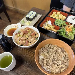 Yellowtail poke bowl, sukiyaki (gyudon), and vegetable bento box