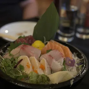 Chef&apos;s Sashimi selection was worth every penny. The fresh fish melts in your mouth. Served with wasabi, pickled wasabi, and ginger.