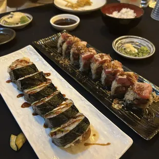 Soft shell crab roll and tuna tataki roll