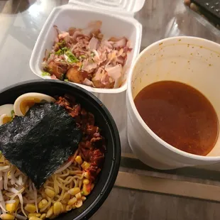 Red Miso Ramen and Octopus Balls (to-go)