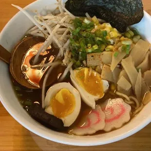 Shoyu ramen with added corn